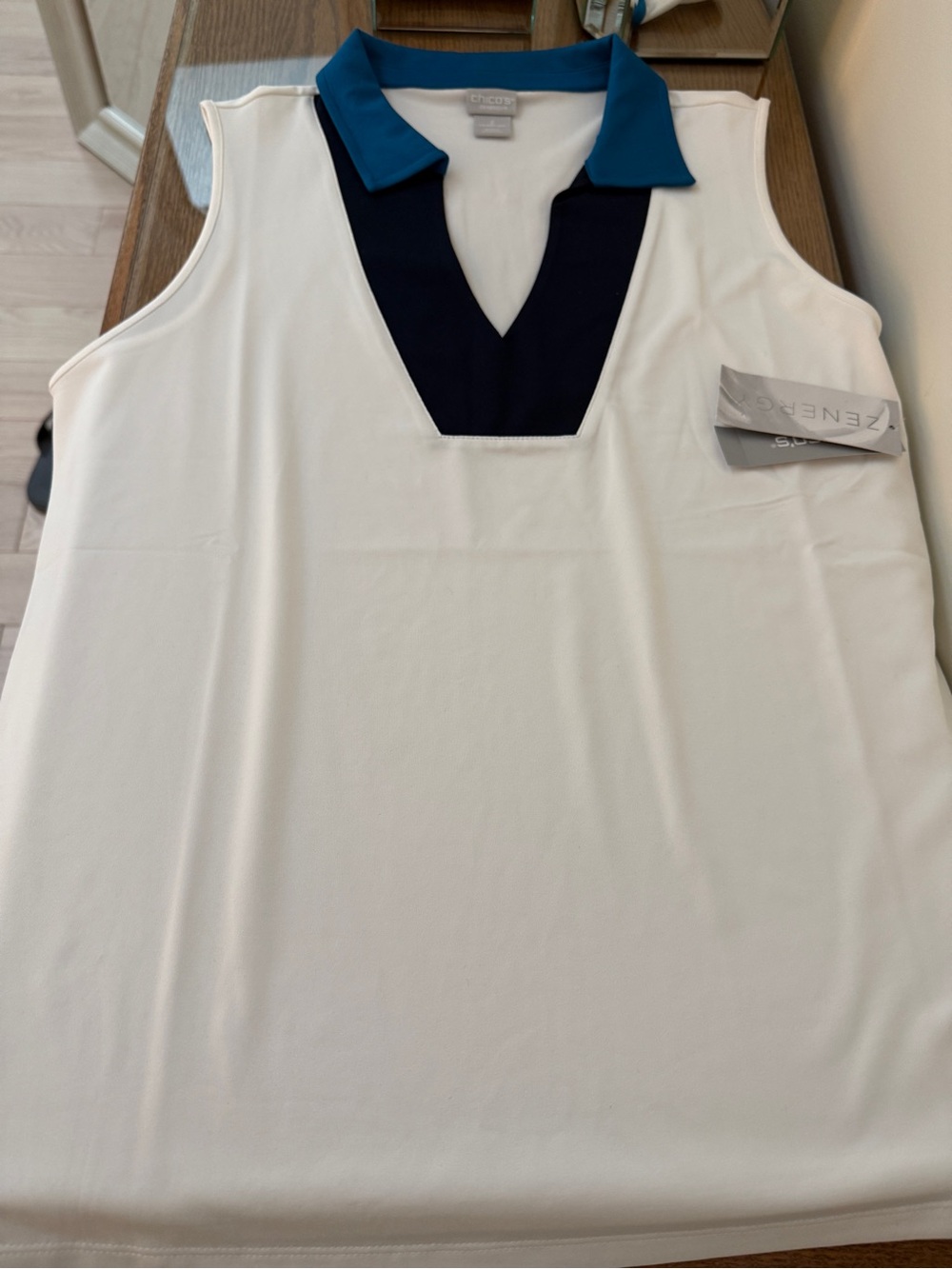 Crown & Ivy V-Neck Polo Sleeveless Top in White with Blue Trim